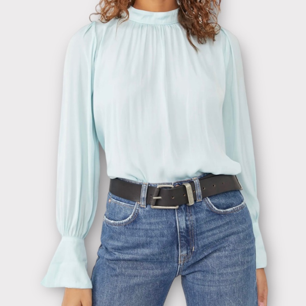 Free People Womens Fiona Top Blouse Small Backless Mock Neck Sea Washed Aqua NWT